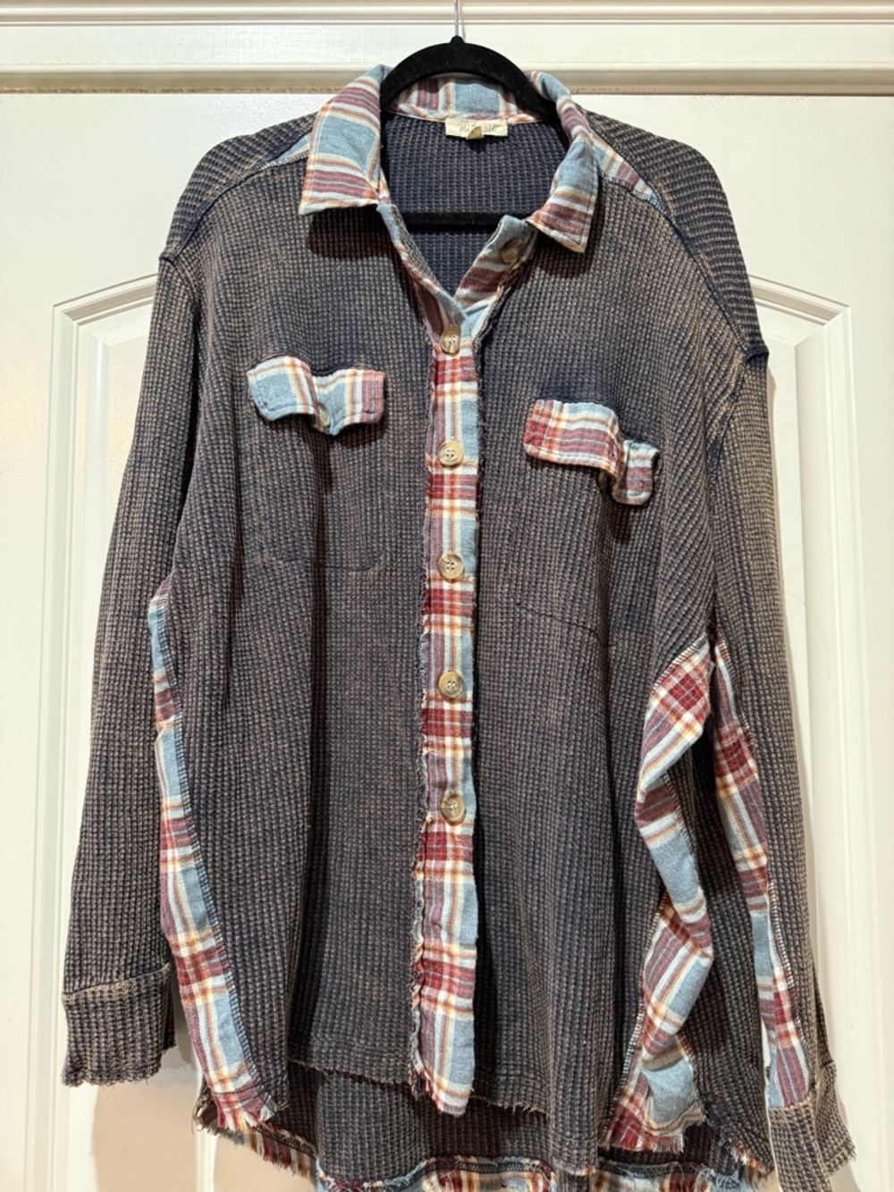 Oli & Hali Charcoal Waffle Button-Down with Red and Light Blue Plaid Trim
